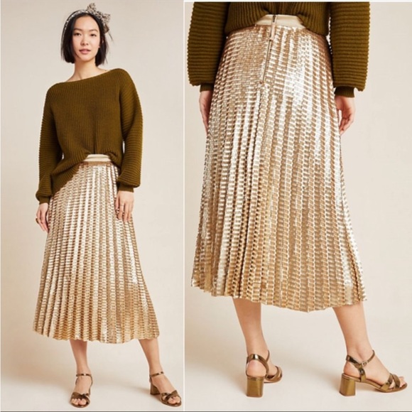 Anthropologie Dresses & Skirts - ANTHROPOLOGIE Maeve Natalia Pleated Gold Sequin Midi Skirt